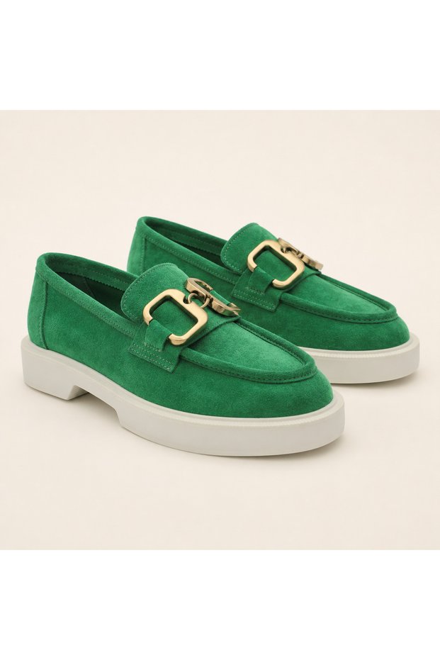 Genuine Leather Green Suede Luxury Buckle Detailed Very Comfortable Light Daily Women's Shoes