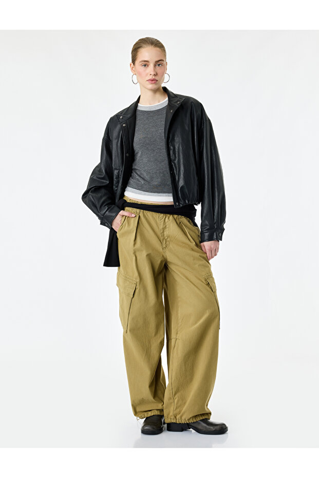 Cotton Gabardine Cargo Pants with Lace-Up Waist, Pockets and Stopper Details