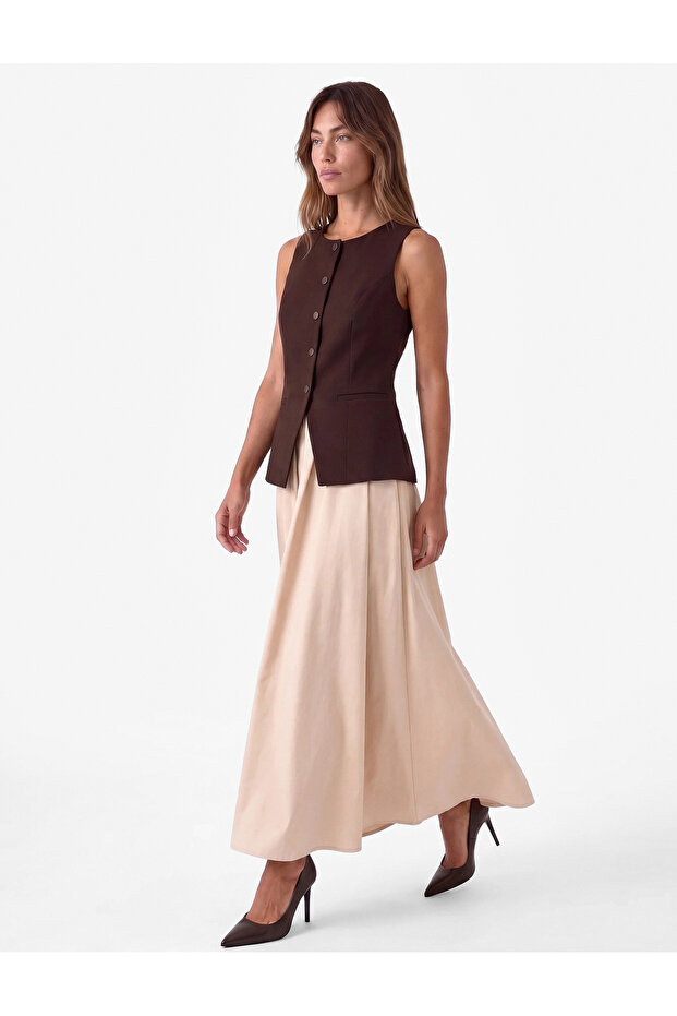 Buttoned Color Block Pocketed Sleeveless Crew Neck Vest Long Dress