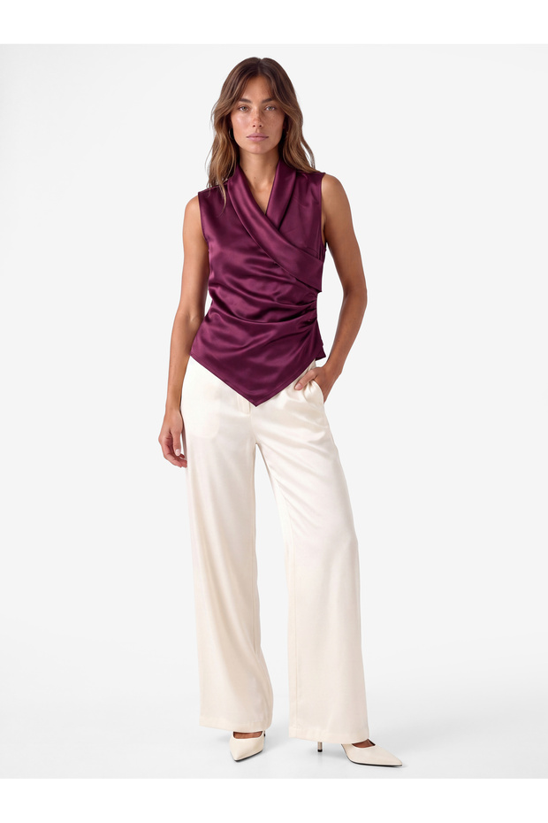 Asymmetrical Detailed Sleeveless Double Breasted Collar Gathered Satin Blouse
