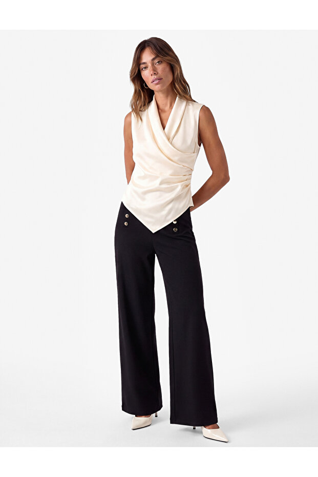 Asymmetrical Detailed Sleeveless Double Breasted Collar Gathered Satin Blouse