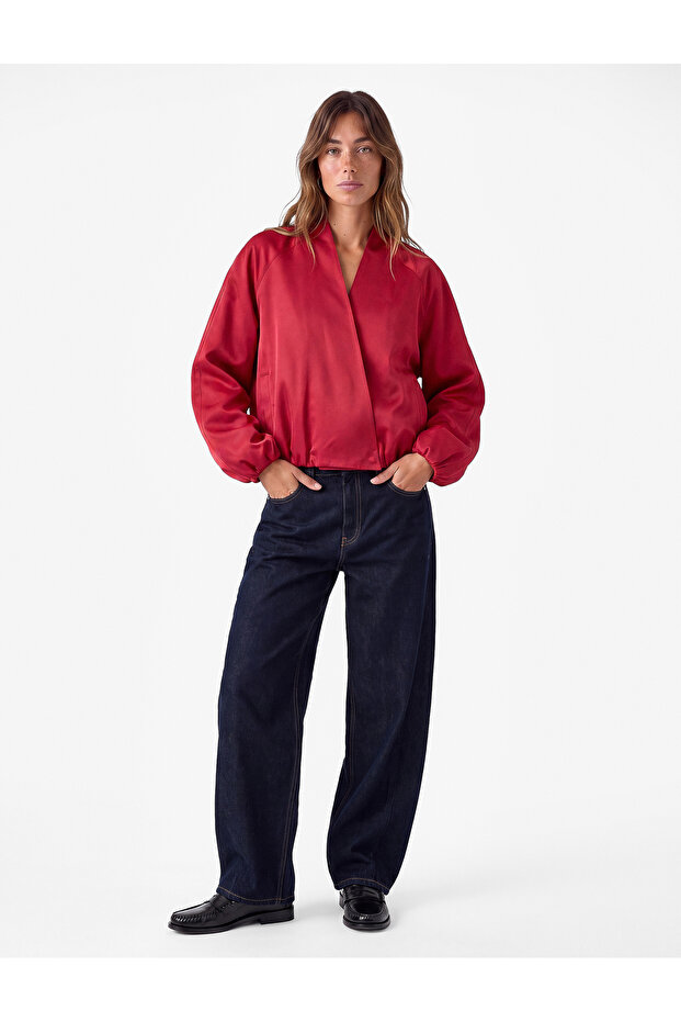 Long Sleeve Lightweight Stand Collar Shawl Collar Oversized Gabardine Bomber Jacket with Pockets