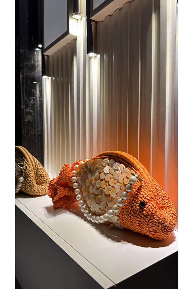Handmade Straw and Stone Orange Handbag Clutch