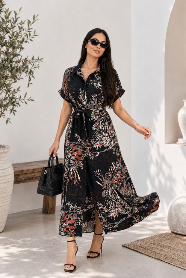 Women's Dress Long Patterned Buttoned Short Sleeve Belted Shirt Collar Summer Viscose Dress
