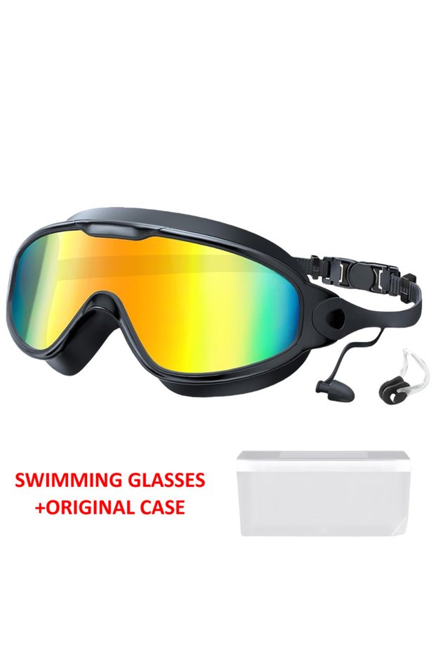 Black-red-case Large Frame Adult Swim Goggles Anti-Fog Wide View Coated Lens UV Protection Pool Swim