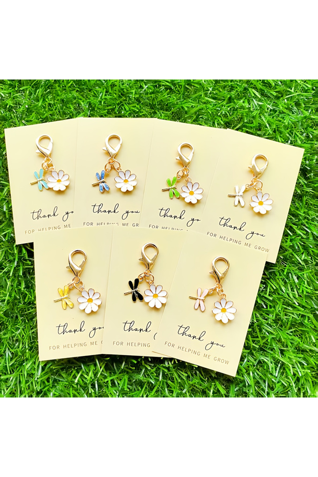 7pcs 7pcs Cute Dragonfly Daisy Keychain Set with Thank You Cards, Perfect Gift for Birthday Valentin