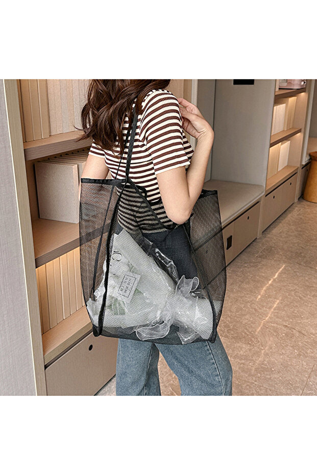 black Transparent Mesh Storage Bag, Shoulder Bag, Fashionable, Lightweight, Large Capacity, Versatil