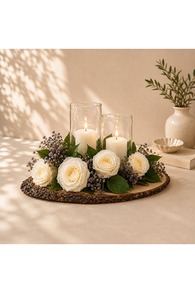 Decorative Led Candle with Natural Log Base - Artificial Flower Arrangement
