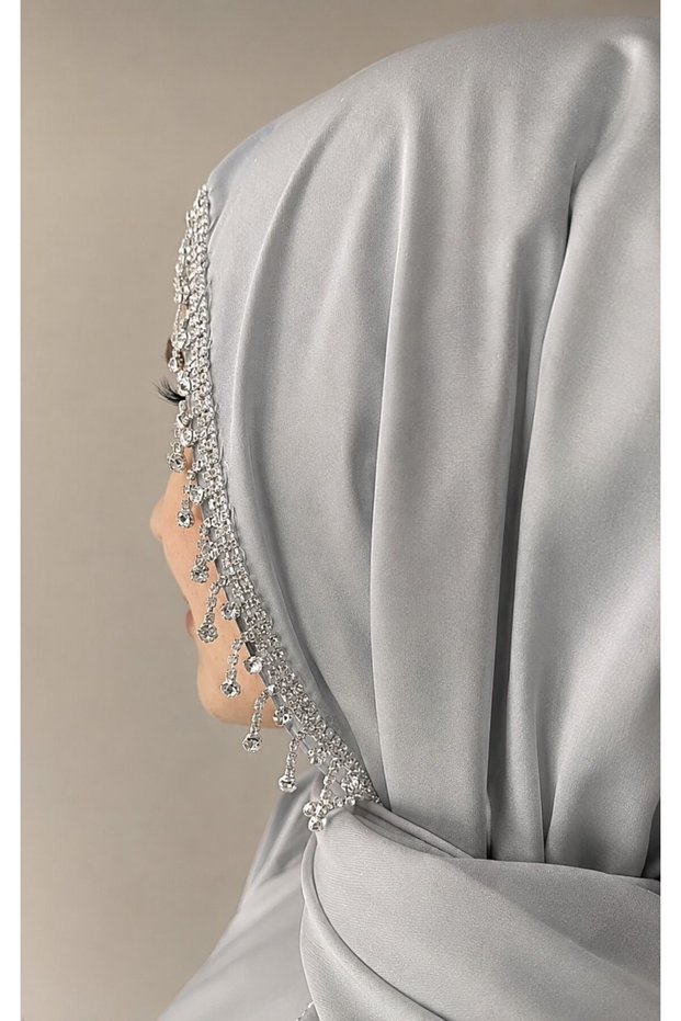 Design Evening Dress with Silver Stone Stripes Around the Shawl