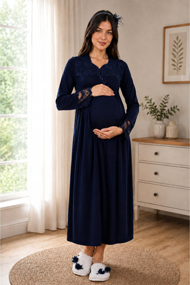 Comfortable Cut Maternity Nightgown with Cotton Breastfeeding Feature - Effortt - Navy Blue