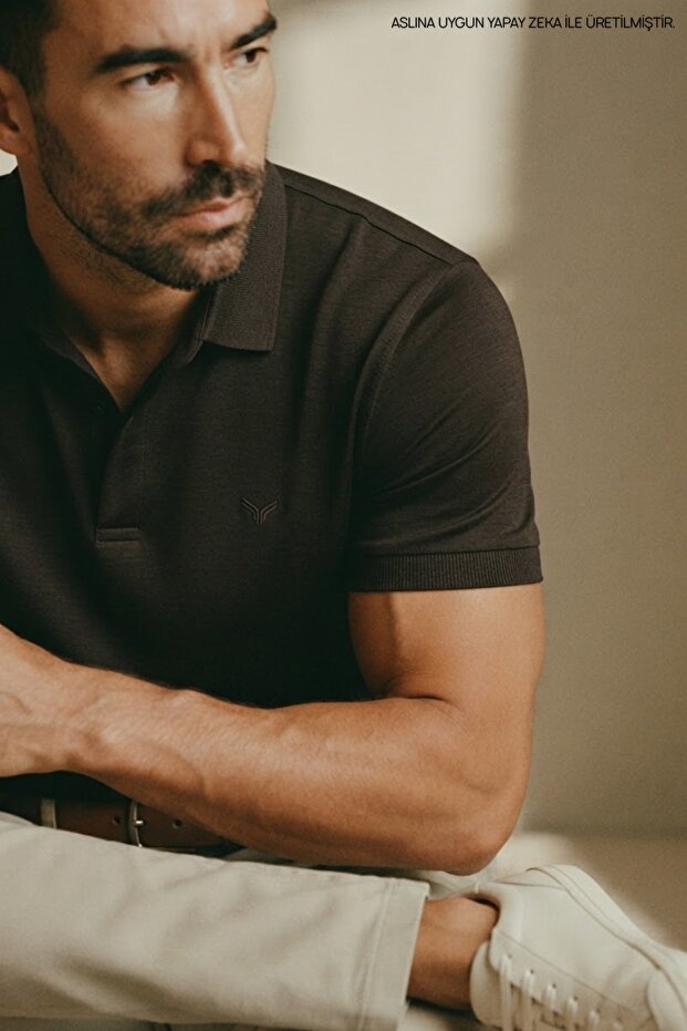 Men's Imported Textured Premium Fabric Basic Dark Brown Polo Collar T-Shirt