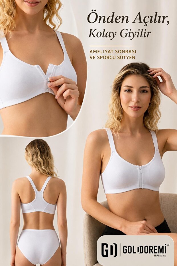 1061 Women's Cotton Combed Cotton Front Open Zippered Non-Supportive Sports Postoperative Bra
