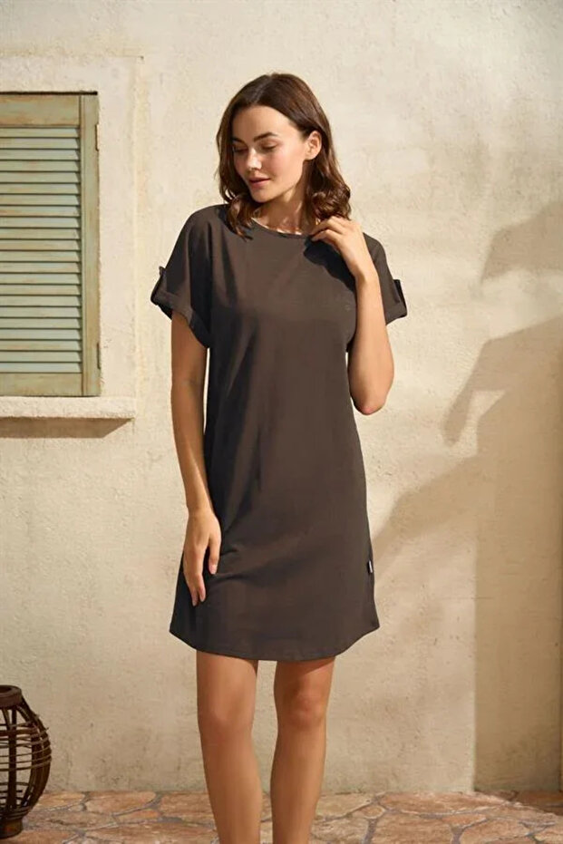 Casual Short Sleeve Crew Neck Cotton Plain Summer Short Coffee Pajama Set