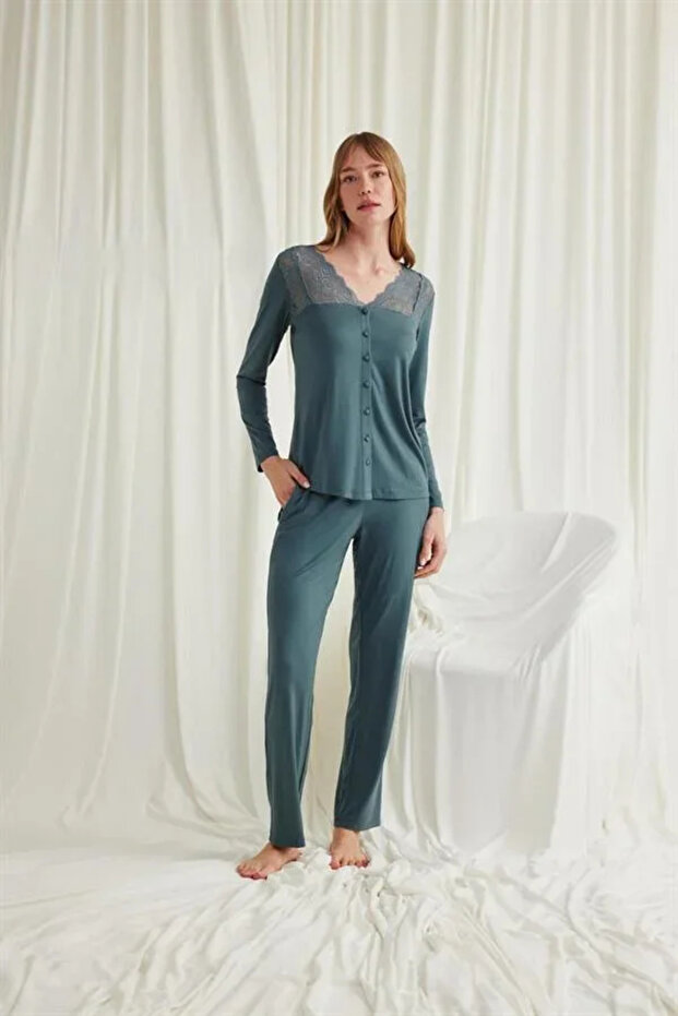 Buttoned Pajama Set with Lace Collar, Shoulder and Leg