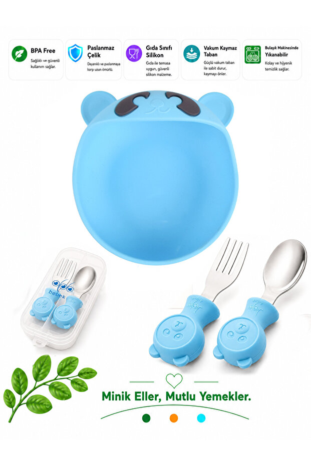 Blue Premium Children's Vacuum Silicone Feeding Bowl, Stainless Steel Fork-Spoon /9+ Months