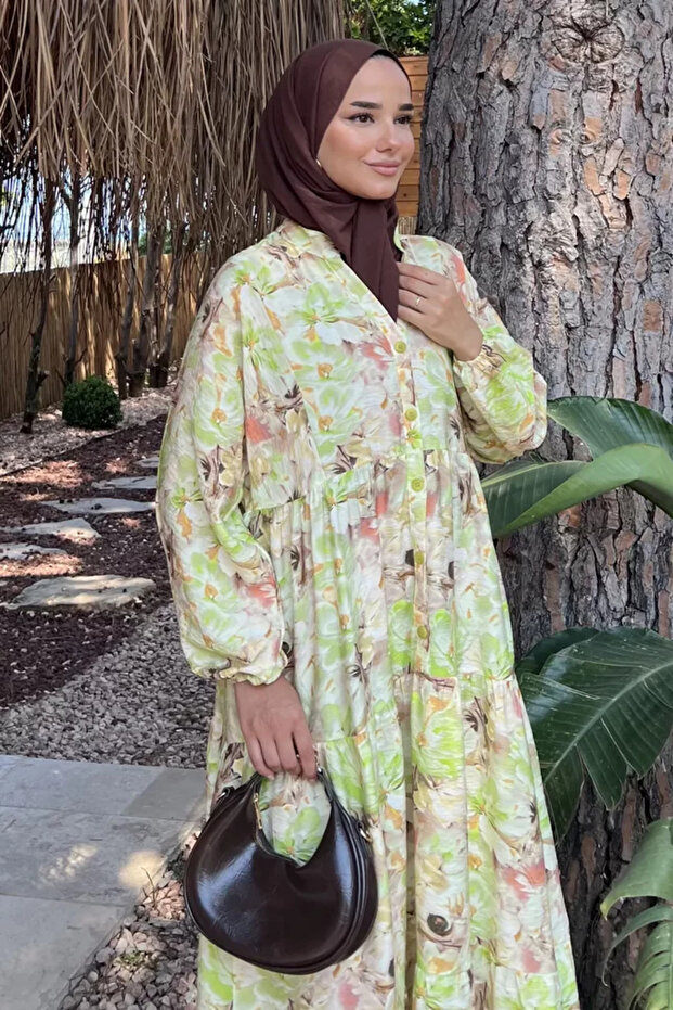 Patterned Summer Hijab Dress with Elasticated Sleeves and Front Button Detail