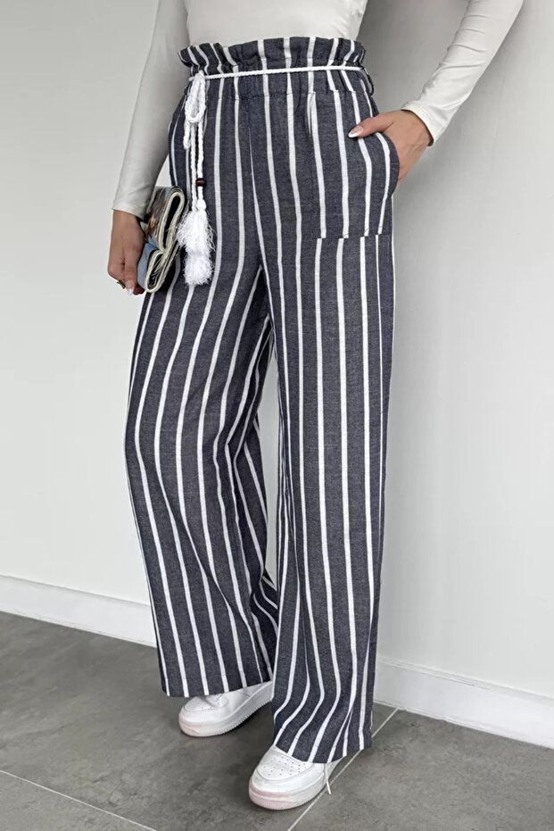 Women's High Waist Belt Detailed Stripe Patterned Palazzo Pants