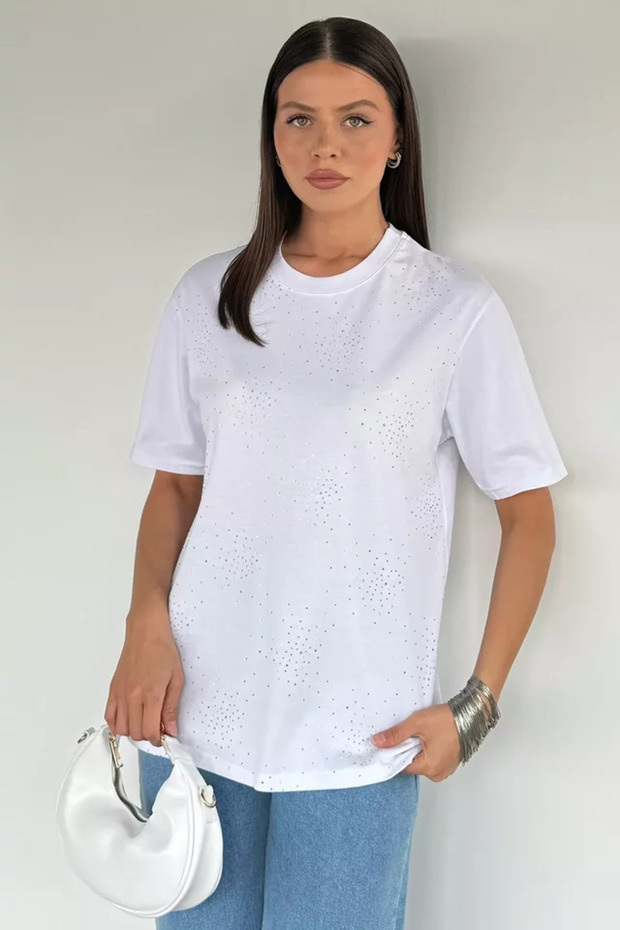 Women's Crew Neck Stone Embroidered T-Shirt