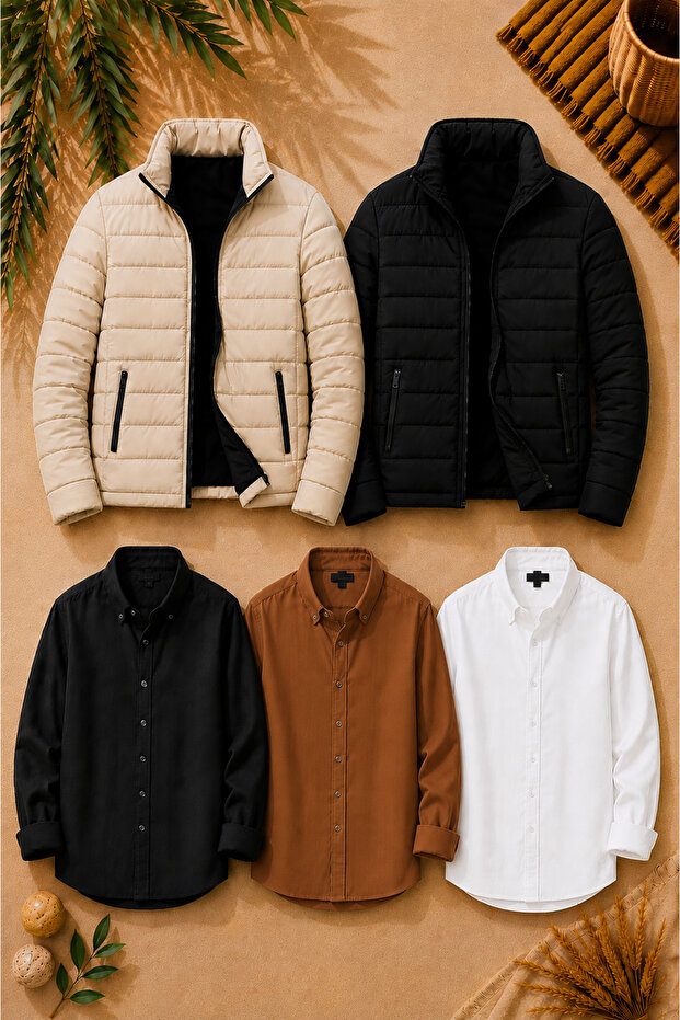 Men's Winter Combination Set of 5 – 2 Quilted Zippered Pocket Coats + 3 Sofia Linen Seasonal Shirts