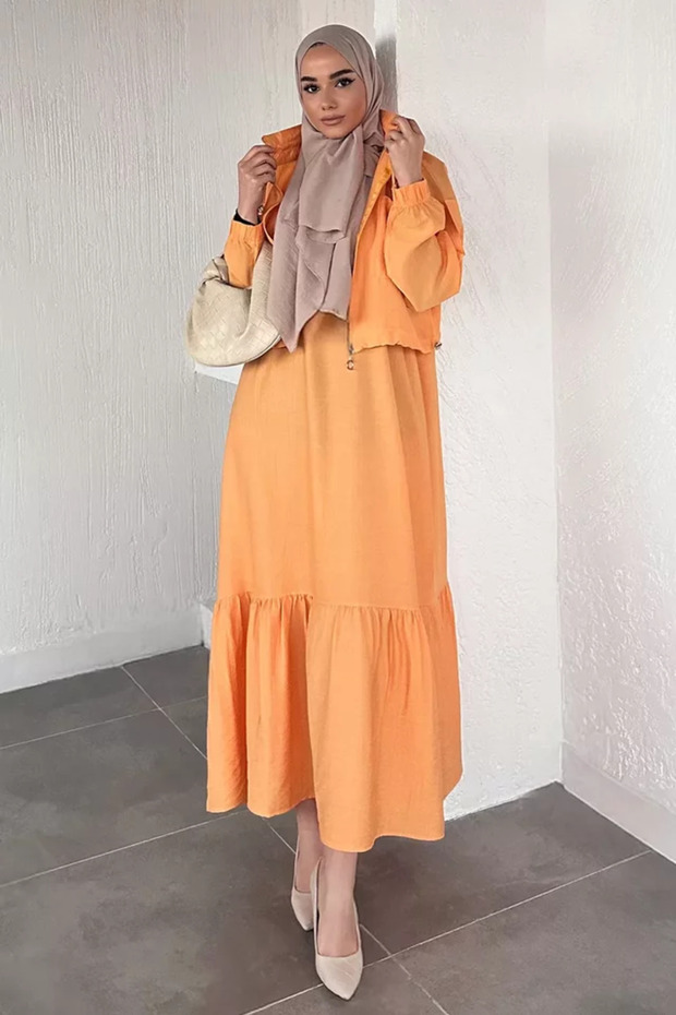 Ruffled Hem, Elastic Waist, Cardigan Combination, Hijab Dress