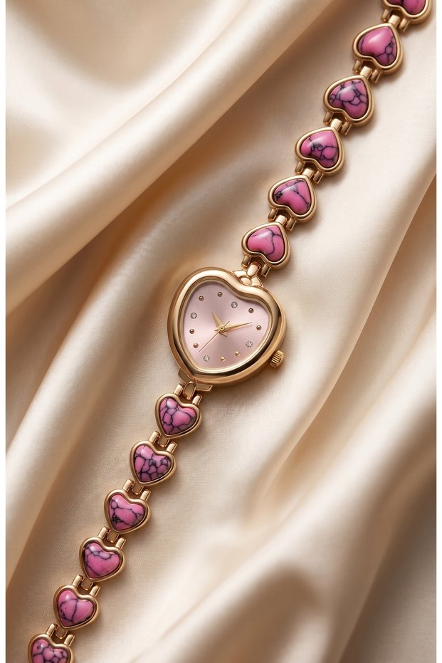 Women's Steel Watch Gold & Pink Color Heart Design Vintage Watch Luxury Elegant Stylish Old Money Classic Women's Wristwatch | Limited Edition 2026