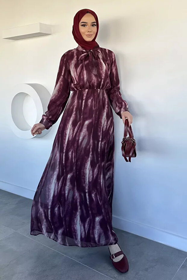 Patterned Chiffon Hijab Dress with Elastic Waist