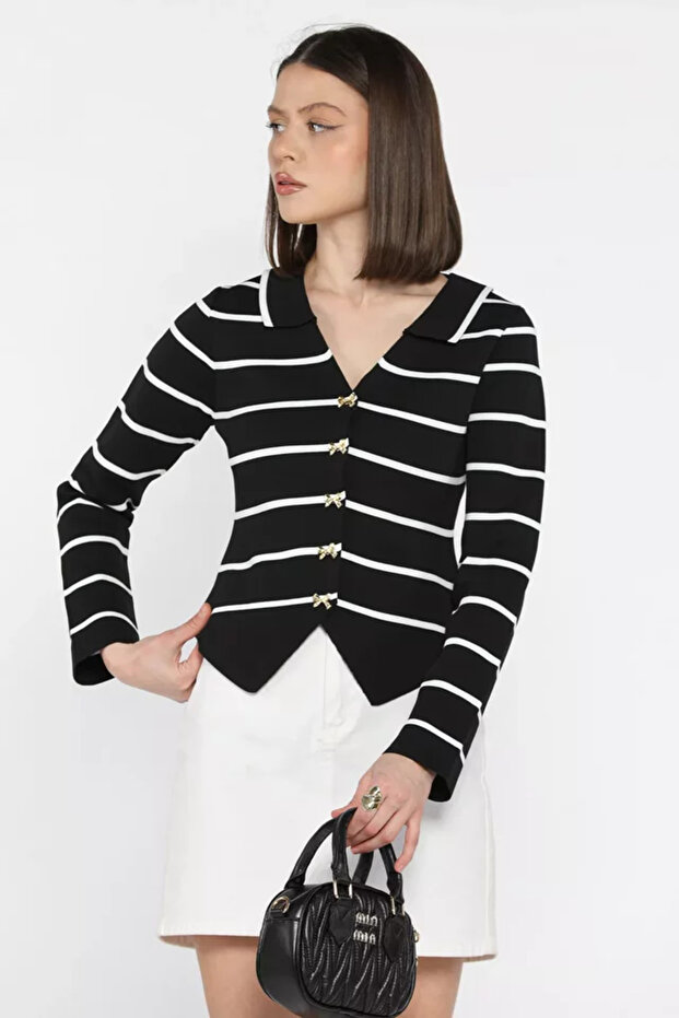 Women's Striped Patterned Bow Button Detailed Knitwear Cardigan