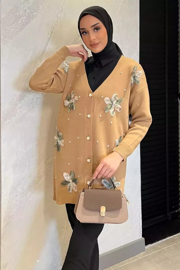 Stone Detailed Floral Embroidered Hijab Knitwear Cardigan