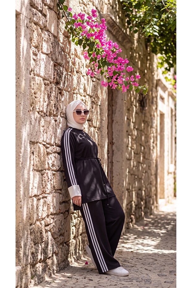 Women's Belted White Cuffed Striped Double Suit