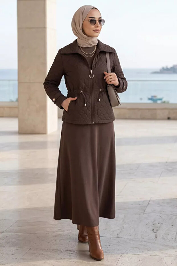 Crew Neck Hijab Dress Jacquard Jacket Double Set