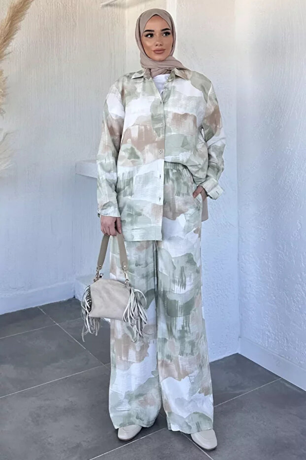 Women's Patterned Tunic Pants Hijab Double Set