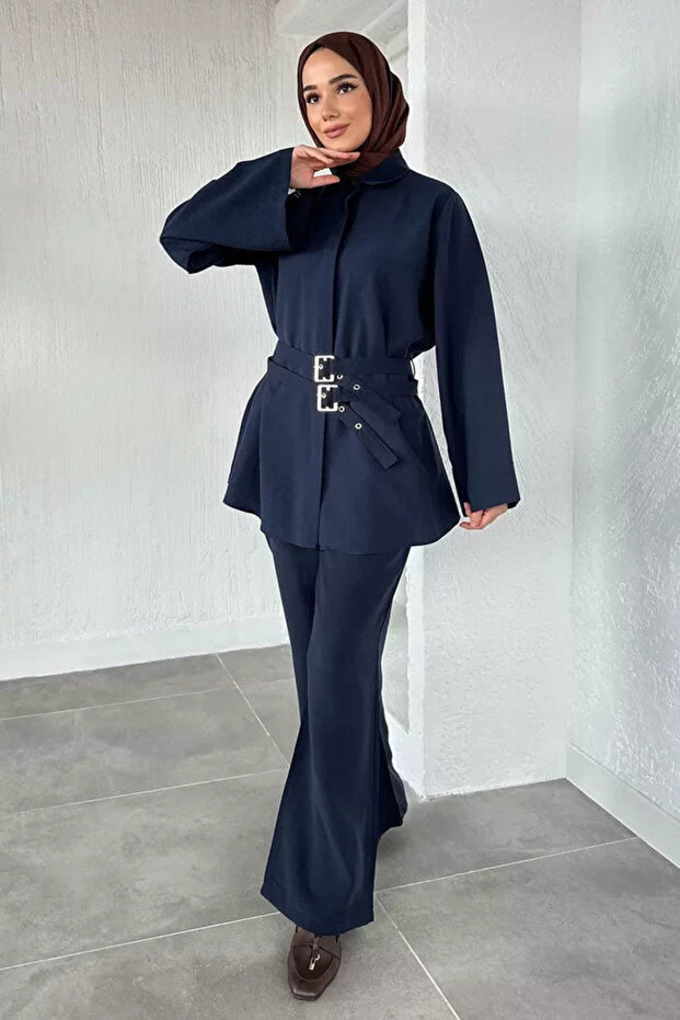 Waist Belted Tunic Trousers Hijab Double Set
