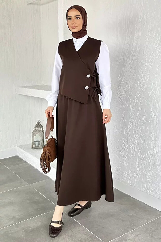 Elastic Waist Skirt, Stoned Vest, Hijab Three-Piece Set