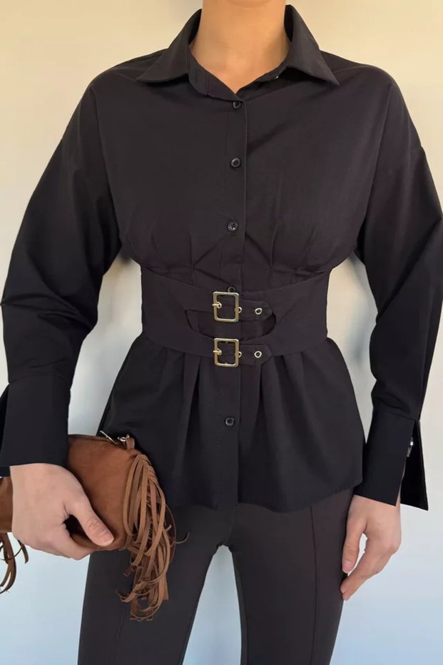 Women's Waist Belted Shirt with Gold Detail