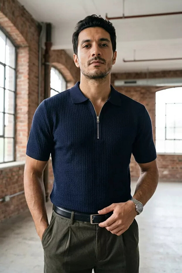 Men's Polo Collar Half Zipper Patterned Knitwear T-Shirt