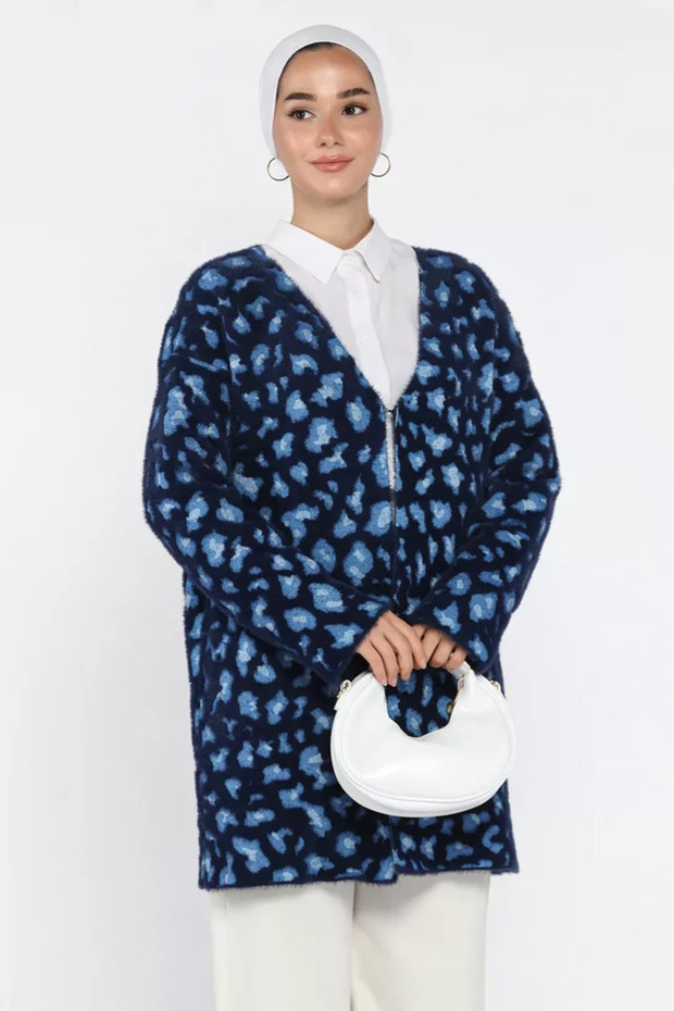 Leopard Patterned Bearded Hijab Knitwear Cardigan