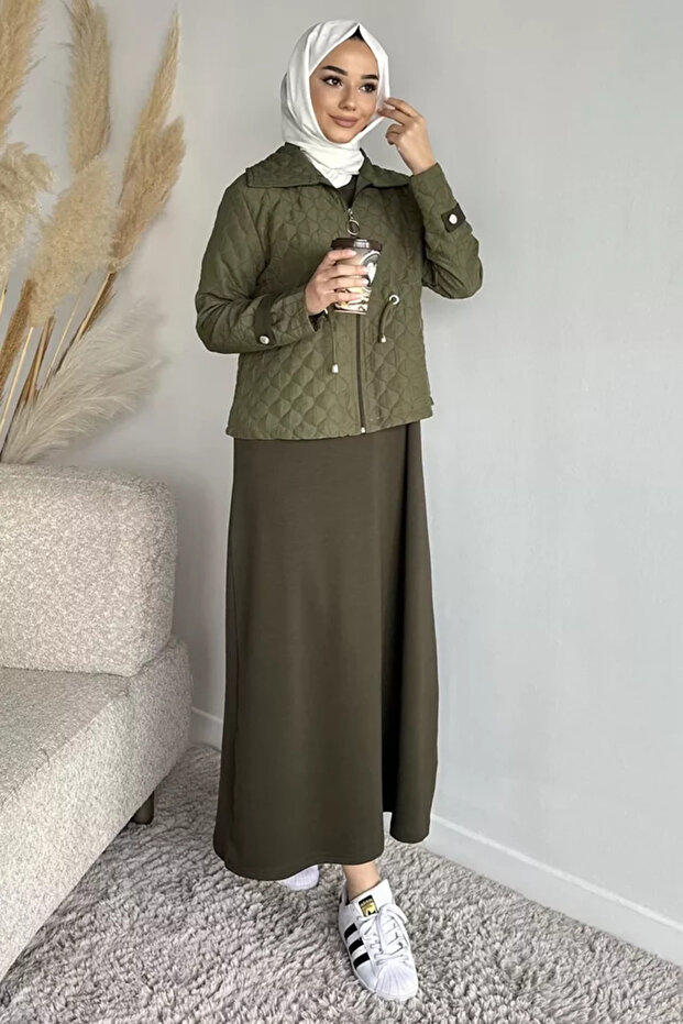 Crew Neck Hijab Dress Jacquard Jacket Double Set
