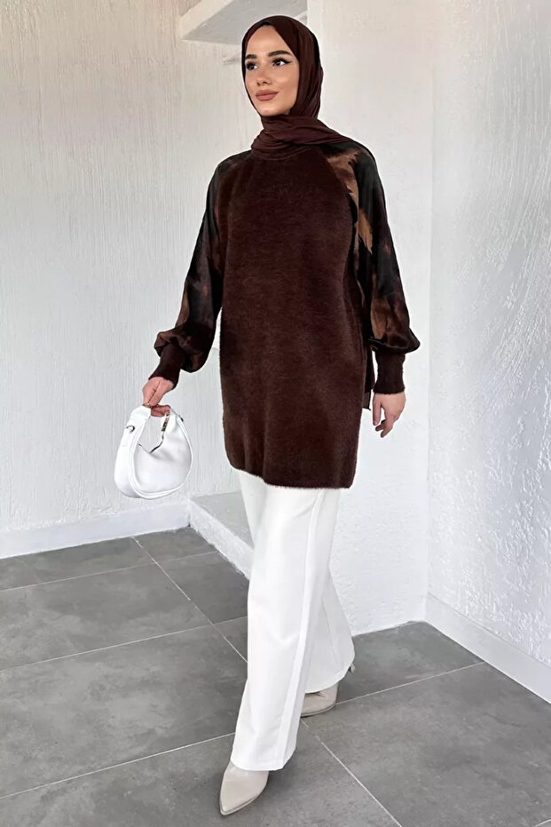 Gülseli Sleeve Patterned Silk Kübra Fabric Hijab Knitwear Tunic