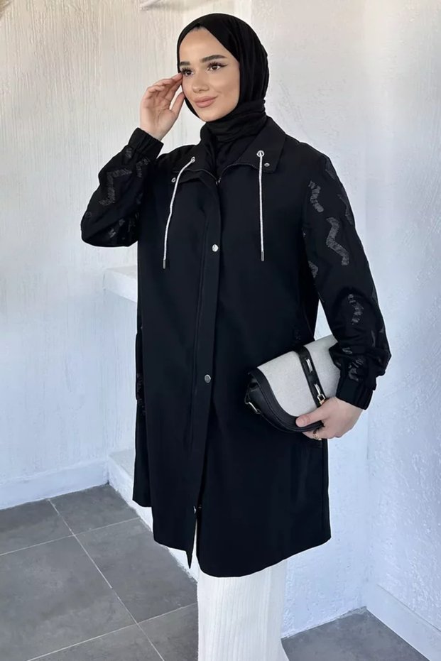 Women's Sleeve Embroidery Detailed Pocketed Hijab Trench Coat
