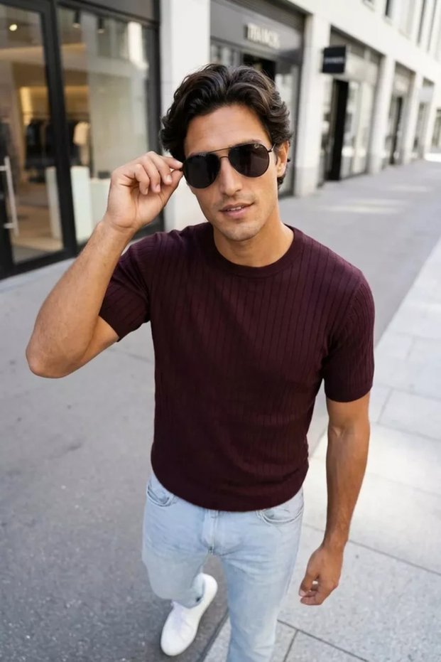 Men's Crew Neck Patterned Knitwear T-Shirt