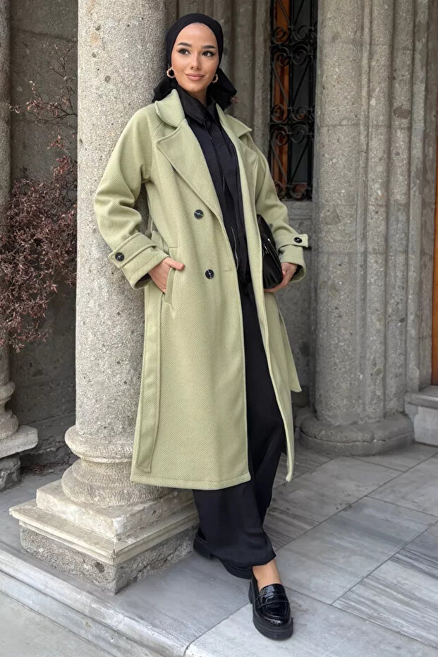 Self-Patterned Belted Hijab Coat