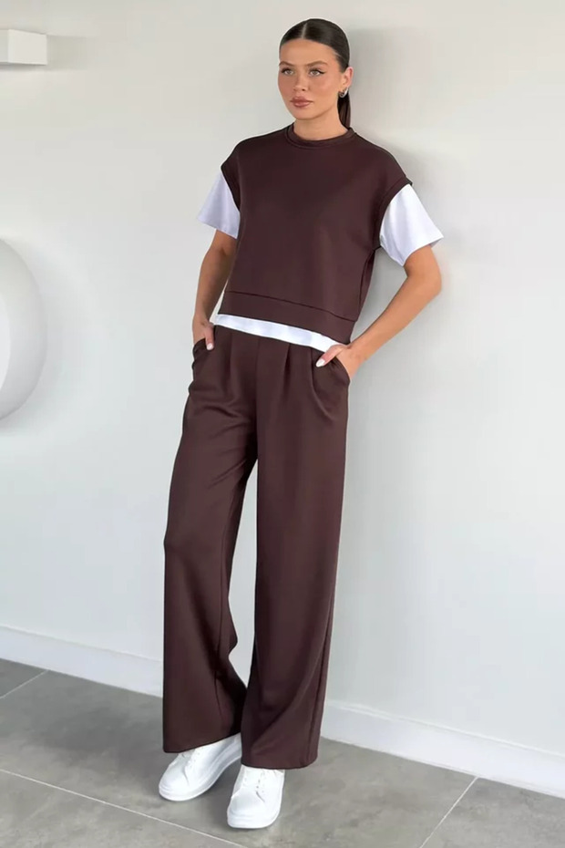 Women's Elastic Waist Trousers and Blouse Two-Piece Set