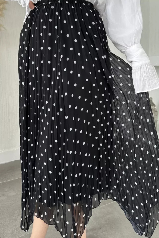 Polka Dot Pleated Hijab Chiffon Skirt with Elastic Waist