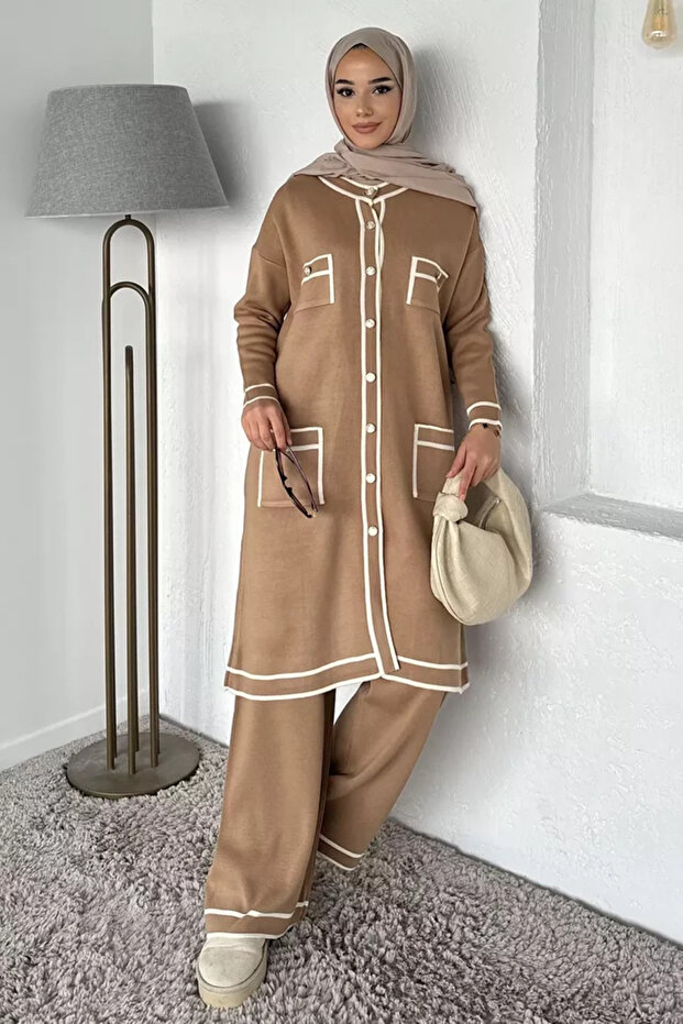 Front Buttoned Hijab Knitwear Cardigan Elastic Waist Pants Double Set