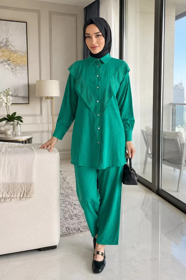 Folded Front Stoned Hijab Tunic and Pants Double Set