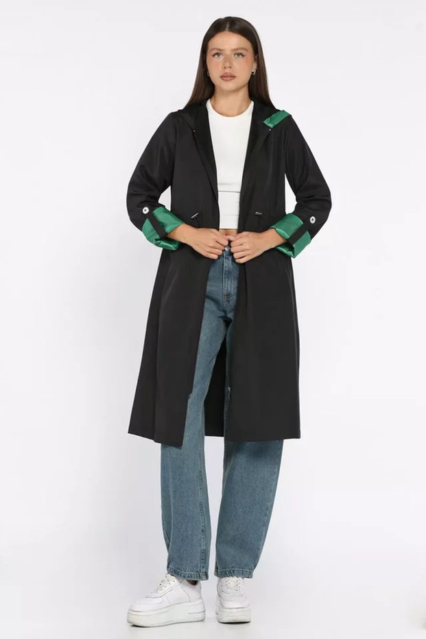 Women's Hooded Long Trench Coat with Elastic Waist