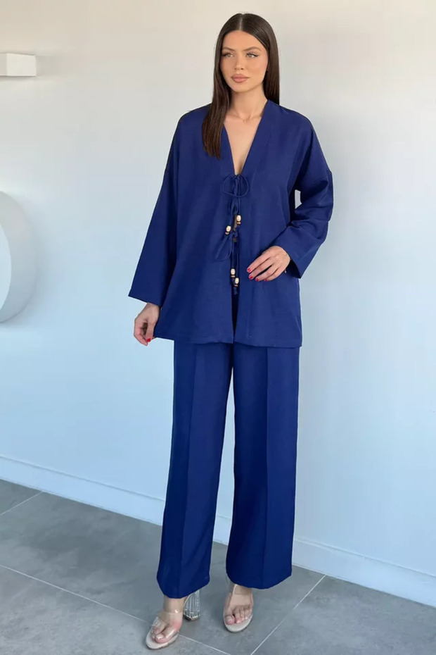 Women's Front-Tie Jacket and Elastic Waist Pants Two-Piece Set