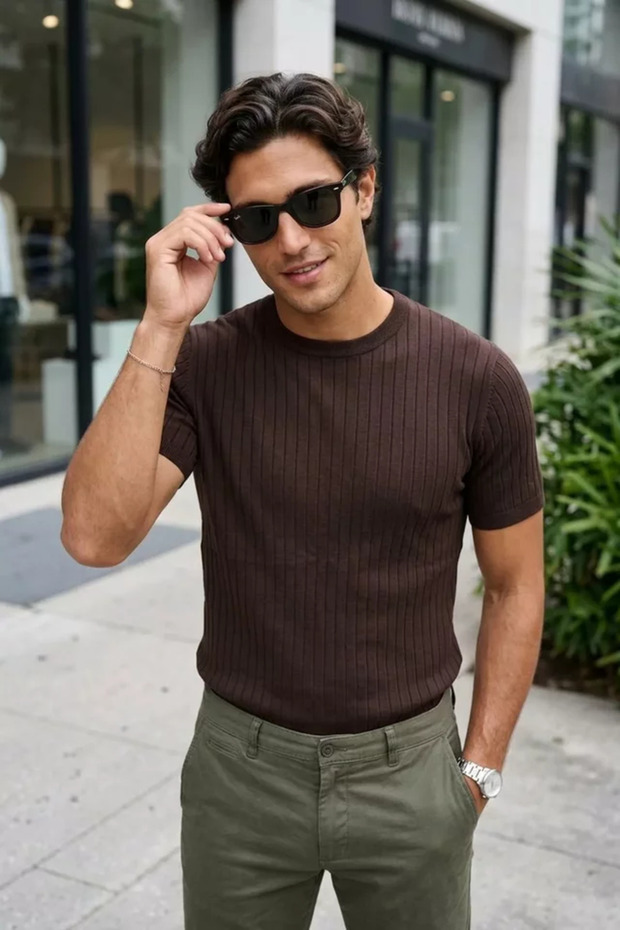 Men's Crew Neck Patterned Knitwear T-Shirt