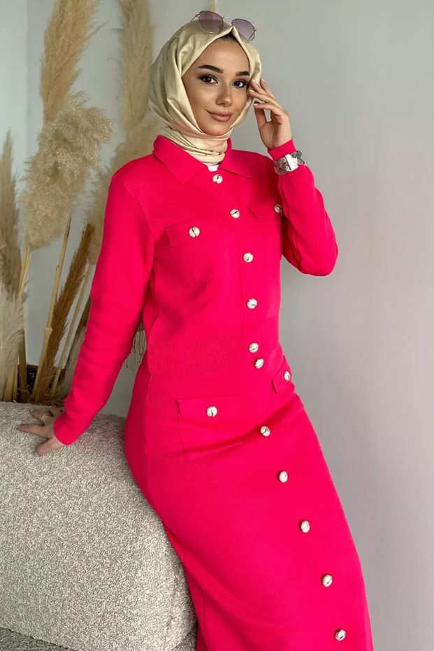 Button Detailed Cardigan Skirt Hijab Knitwear Two-Piece Set (Available in S-M-L Sizes)