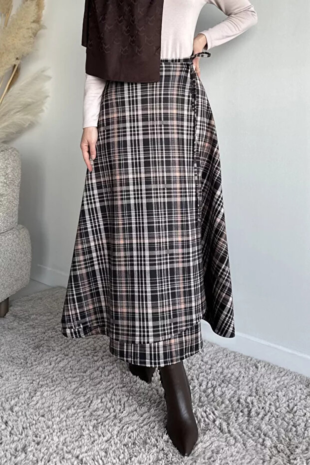 Plaid Patterned Waist-Tie Kiloş Scuba Hijab Skirt